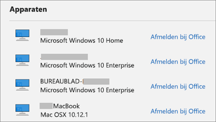 Toont Windows- en Mac-apparaten en de koppeling Afmelden bij Office op account.Microsoft.com