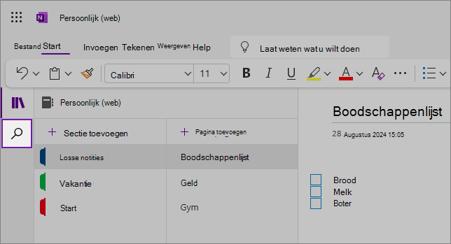 Weergave van de OneNote-webinterface met het inhoudsgebied