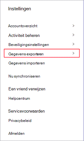 Het instellingenmenu van Dashlane met Gegevens exporteren gemarkeerd.