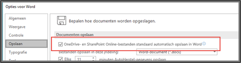Het dialoogvenster Bestand > Opties > Opslaan met het selectievakje om Automatisch opslaan in of uit te schakelen