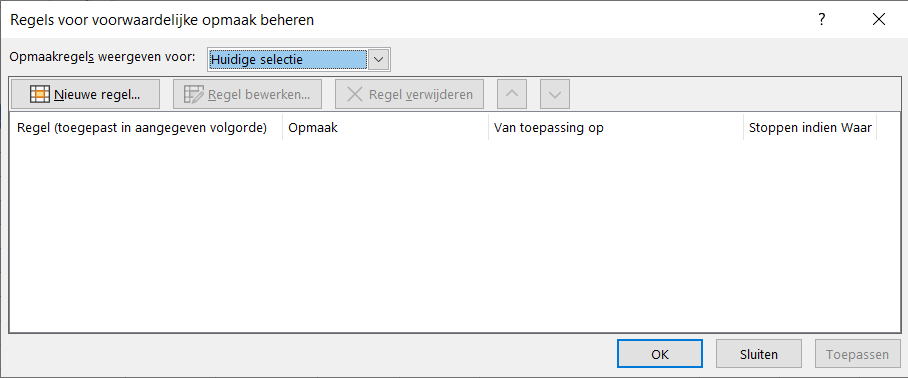 Het dialoogvenster voor Voorwaardelijke Opmaakregels Beheer