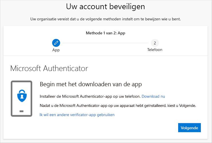 Wizard Uw account beveiligen, met de downloadpagina van de Authenticator-app