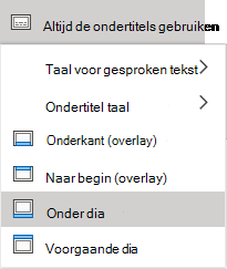 Instellingen voor ondertitels in PowerPoint Online.