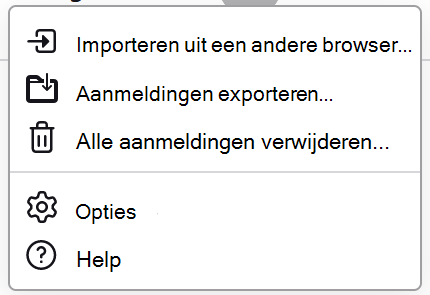 Het menu Wachtwoorden in Firefox, met Beschikbare aanmeldingen exporteren.