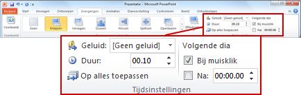 De groep Tijdsinstelling op het tabblad Overgangen op het lint in PowerPoint 2010.