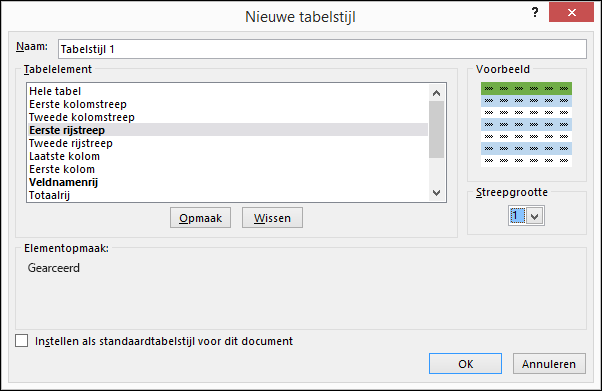Opties in dialoogvenster Nieuwe tabelstijl om aangepaste stijlen op een tabel toe te passen