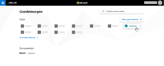 De Startpagina van Microsoft 365 met de SharePoint-app gemarkeerd