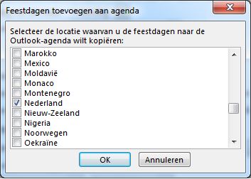 Dialoogvenster voor het selecteren van het land waarvan u feestdagen wilt weergeven