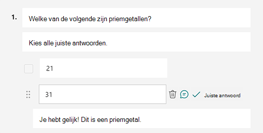 Aangepast correct antwoordbericht in Microsoft Forms