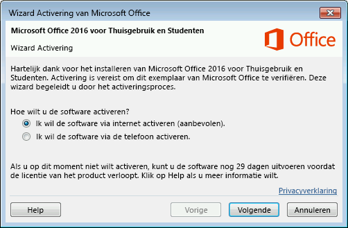 De Wizard Activering van Microsoft Office wordt weergegeven.