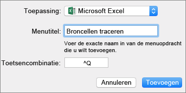 Voorbeeld van aangepaste sneltoets voor Office 2016 voor Mac