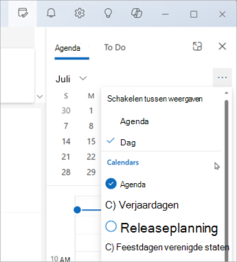 Selecteer Schakelen tussen weergaven om de agendaweergave of dagweergave weer te geven. Hier kunt u ook kiezen welke agenda's u wilt weergeven.