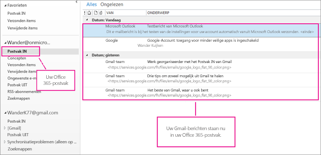 Na het importeren van het e-mailbericht in uw Office 365-postvak wordt dit op twee plaatsen weergegeven.