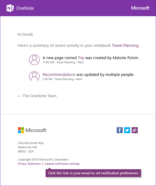 Een voorbeeld van een e-mailbericht met Een OneNote-melding