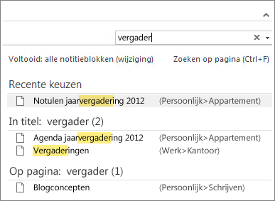 met zoeken kunt u overal in onenote naar notities zoeken.