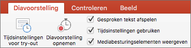 Schermopname met het tabblad Diavoorstelling met de opties Tijdsinstellingen voor try-out en Diavoorstelling opnemen, samen met de selectievakjes Gesproken tekst afspelen, Tijdsinstellingen gebruiken en Mediabesturingselementen weergeven.