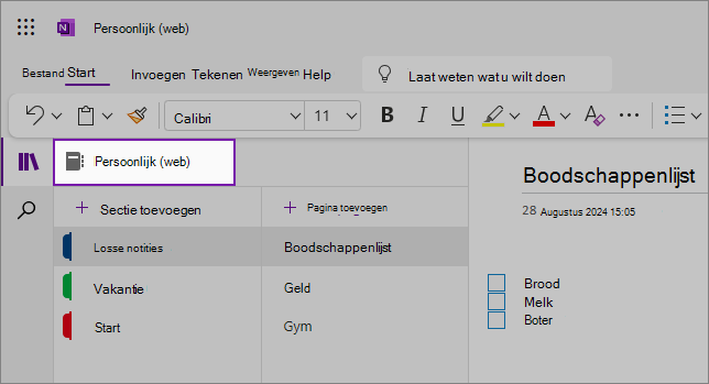 Weergave van de OneNote-webinterface met het inhoudsgebied