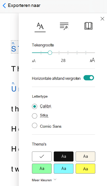 Het dialoogvenster Tekstvoorkeuren in Inslepende lezer in Microsoft Lens voor iOS.