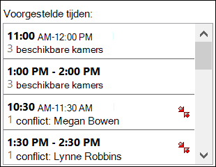 Gebruik de kiezer Voorgestelde tijden om te zien wanneer deelnemers beschikbaar zijn.