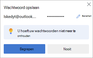 Een prompt in Microsoft Edge om een websitewachtwoord op te slaan voor later gebruik.