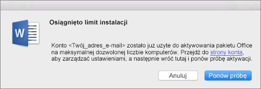 Komunikat o błędzie „Osiągnięto limit instalacji”