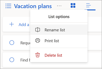 Wybierz więcej opcji obok nazwy listy, aby zmienić nazwę listy, wydrukować ją lub usunąć.