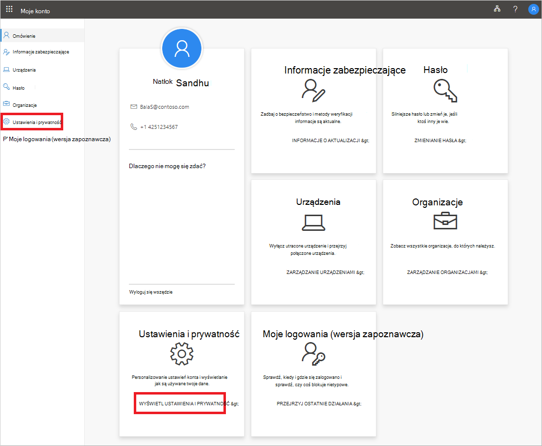 Strona Moje konto z wyróżnionym linkiem Ustawienia prywatności