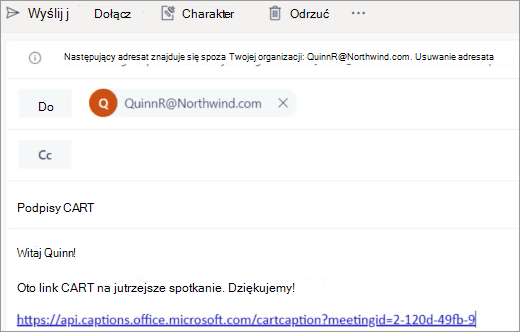 Przykładowy adres e-mail pokazujący, jak wysłać link do napisów CART do profesjonalnego podpisnika CART.