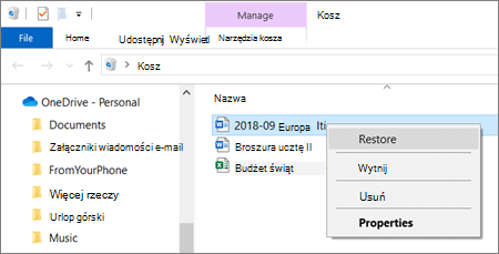 Menu dostępne po kliknięciu prawym przyciskiem myszy w celu odzyskania usuniętego pliku z Kosza