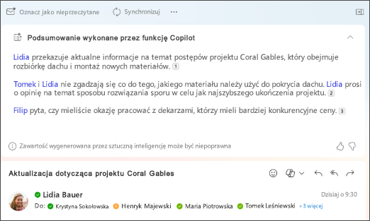 Podsumowanie wątku wiadomości e-mail z cytatami utworzone przez funkcję Copilot