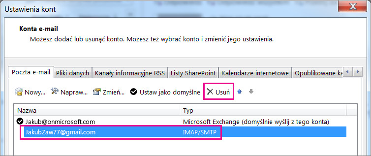 Wybierz konto usługi Gmail, które chcesz usunąć, a następnie wybierz pozycję Usuń.