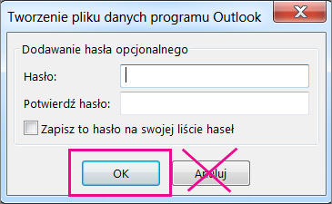 Po utworzeniu pliku pst kliknij przycisk OK, nawet jeśli nie chcesz przypisywać hasła do pliku