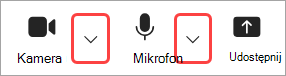 Obraz z wyróżnionymi strzałkami listy rozwijanej Aparat i mikrofon w kontrolkach spotkania w aplikacji Teams.