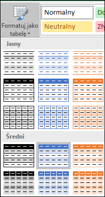 Galeria stylów programu Excel dla pozycji Formatuj jako tabelę