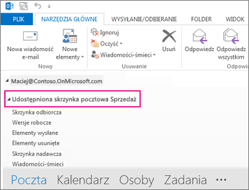 Udostępniona skrzynka pocztowa wyświetlana na liście folderów w programie Outlook