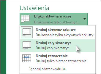 W obszarze Ustawienia kliknij pozycję Drukuj cały skoroszyt