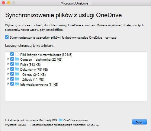 Zrzut ekranu przedstawiający menu konfiguracji usługi OneDrive umożliwiające wybranie folderów lub plików do zsynchronizowania.