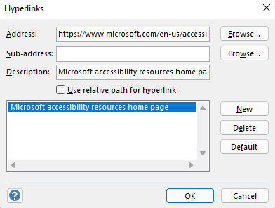 Okno dialogowe Hiperlinki w programie Visio dla systemu Windows.