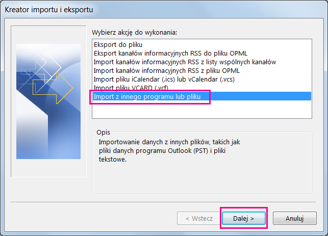 Wybierz opcję importowania wiadomości e-mail z innego programu lub pliku