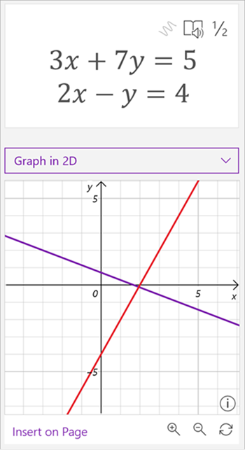 zrzut ekranu przedstawiający wykres asystent matematycznych przedstawiający równania 3 x plus 7 y równe 5, a 2 x minus y równa się 4. Na wykresie są wyświetlane dwie przecinające się linie: jedna purpurowa i jedna czerwona.