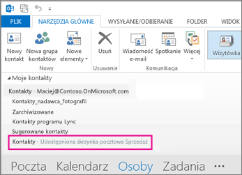 Udostępniona lista kontaktów wyświetlana w okienku Kontakty w programie Outlook