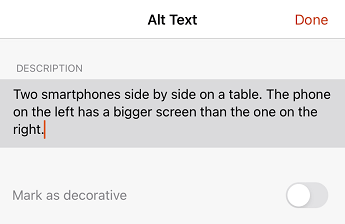 Okno dialogowe Tekst alternatywny w programie PowerPoint dla systemu iOS.