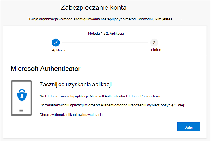 Kreator zabezpieczania konta z wyświetloną stroną pobierania aplikacji Authenticator