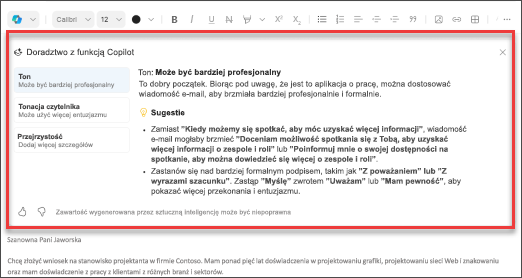 Sugestie rozwiązania Copilot dotyczące tonu, przejrzystości i odczuć czytelników w programie Outlook dla urządzeń przenośnych