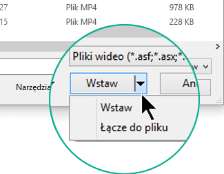 W oknie dialogowym Wstawianie wideo można wybrać opcję Wstaw (co oznacza „osadź”) lub opcję Łącze do pliku.