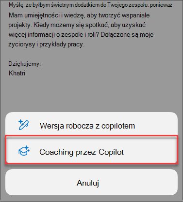 Opcja Menu dla usługi Coaching by Copilot w programie Outlook dla urządzeń przenośnych