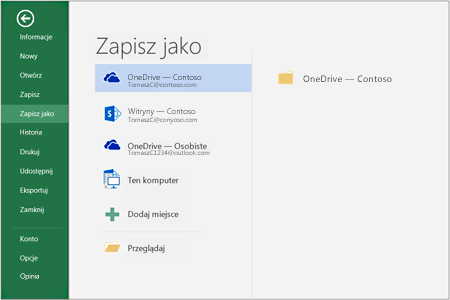Opcje zapisywania w pakiecie Office 2016