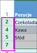 Zaznaczanie zakresu nagłówków otaczających ukryte wiersze lub kolumny