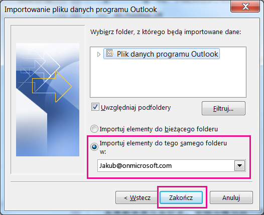 Wybierz przycisk Zakończ, aby zaimportować plik pst programu Outlook do skrzynki pocztowej usługi Office 365.