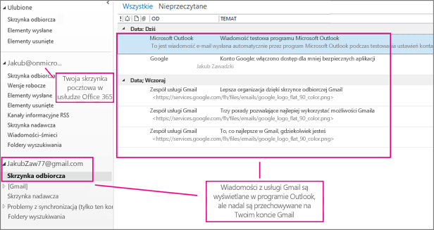 Po dodaniu konta usługi Gmail w programie Outlook będą wyświetlane dwa konta